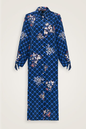 Navy Blue Silk Shirt Dress with Fringed Sleeve Detail - 2