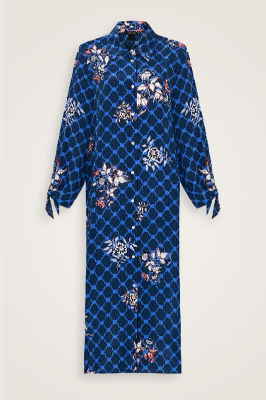 Navy Blue Silk Shirt Dress with Fringed Sleeve Detail - 2