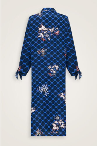 Navy Blue Silk Shirt Dress with Fringed Sleeve Detail - 4