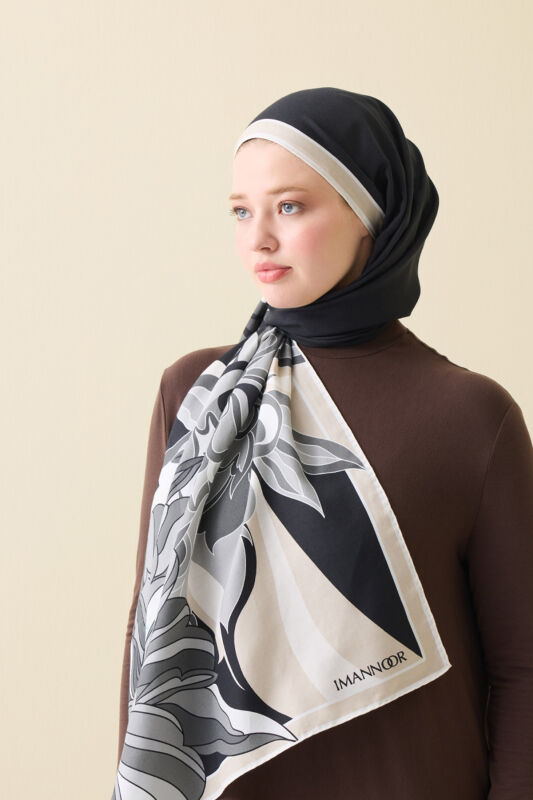 Neşe Desen Siyah-Bej Pamuk İpek Şal 70x210 - 1
