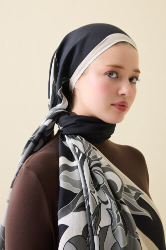 Neşe Desen Siyah-Bej Pamuk İpek Şal 70x210 - Imannoor (3)