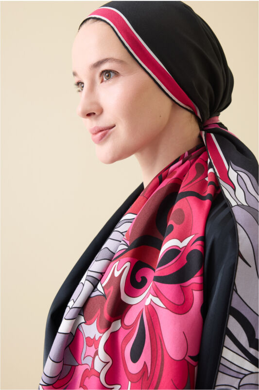 Neşe Desen Siyah-Pembe Pamuk İpek Şal 70x210 - 3