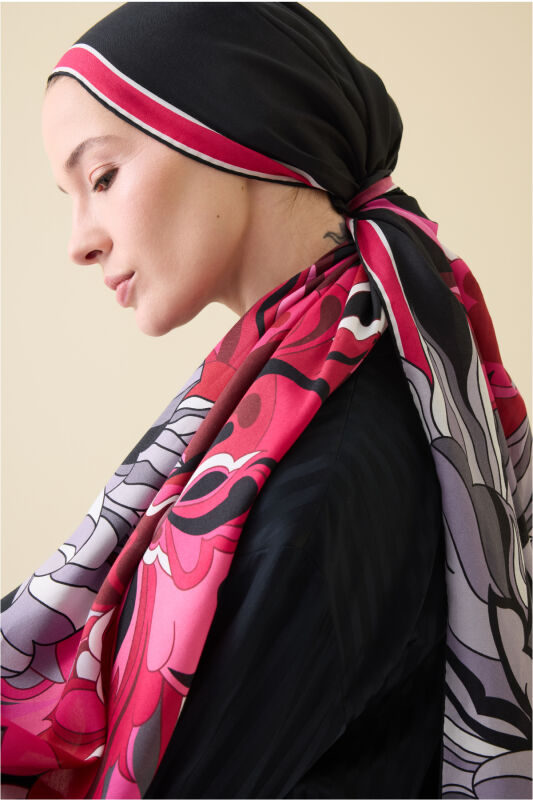 Neşe Desen Siyah-Pembe Pamuk İpek Şal 70x210 - 6
