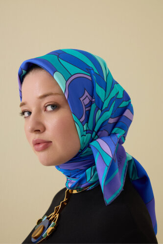 Neşe Saks-Turkuaz Tivil İpek Eşarp 90x90 - Imannoor