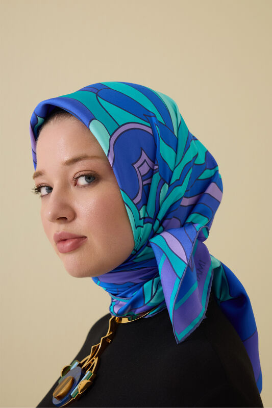 Neşe Saks-Turkuaz Tivil İpek Eşarp 90x90 - 1