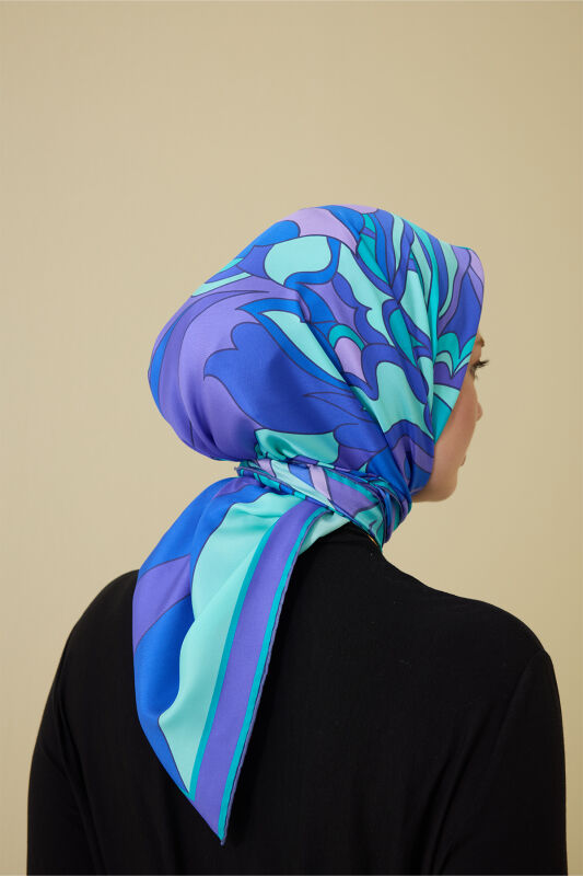 Neşe Saks-Turkuaz Tivil İpek Eşarp 90x90 - 5