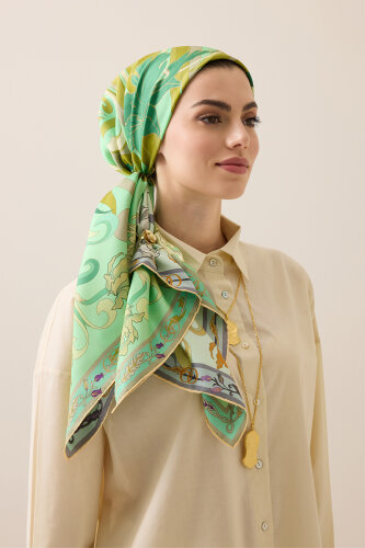 New World Aqua Green-Yellow Sided Twill Silk Scarf 