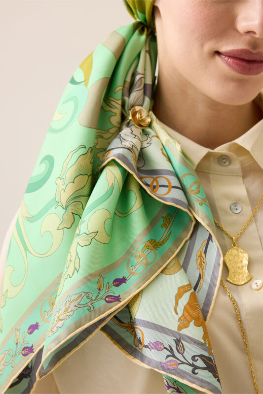 New World Aqua Green-Yellow Sided Twill Silk Scarf - 3