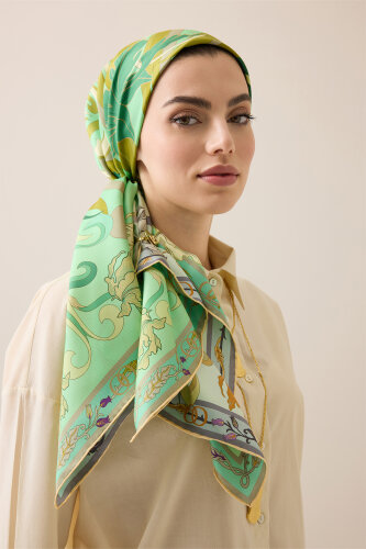 New World Aqua Green-Yellow Sided Twill Silk Scarf - 5