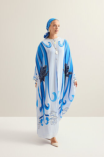 New World Blue Twill Silk Abaya - 7
