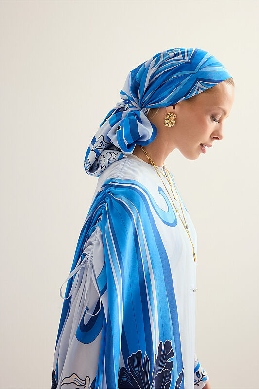 New World Blue Twill Silk Abaya - 3