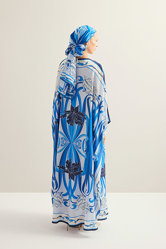 New World Blue Twill Silk Kaftan - 8