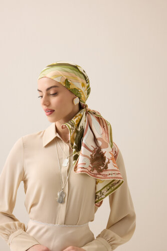 New World Salmon-Yellow Double-Sided Twill Silk Scarf - 3