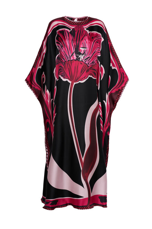 Night Flower Black/Fuchsia Silk Kaftan - 1