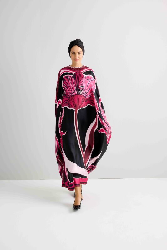 Night Flower Black/Fuchsia Silk Kaftan - 1