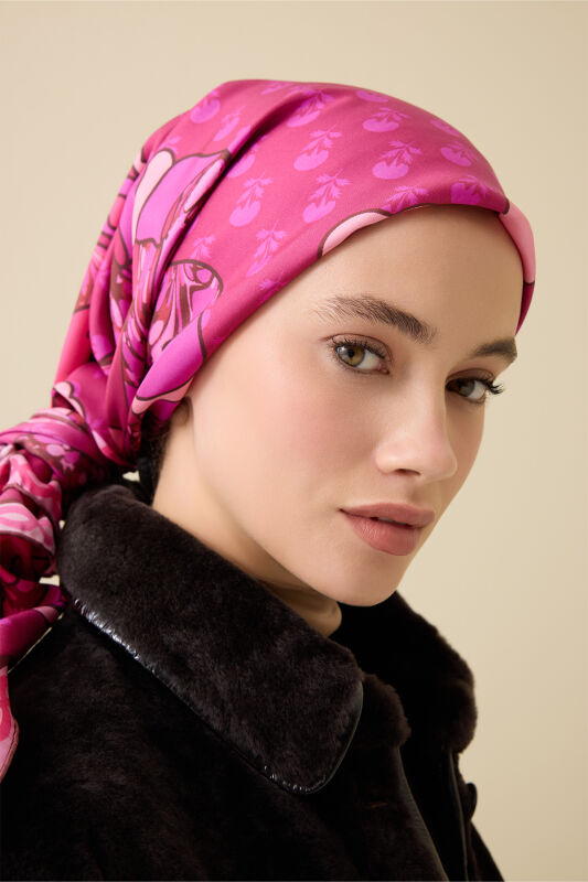 Nilüfer Pembe Tivil İpek Eşarp 90x90 - 3