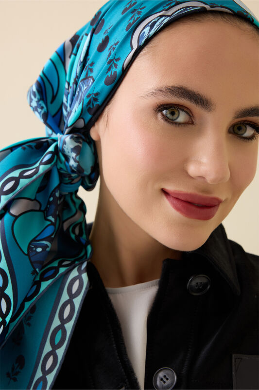 Nilüfer Turkuaz Tivil İpek Eşarp 90x90 - 1