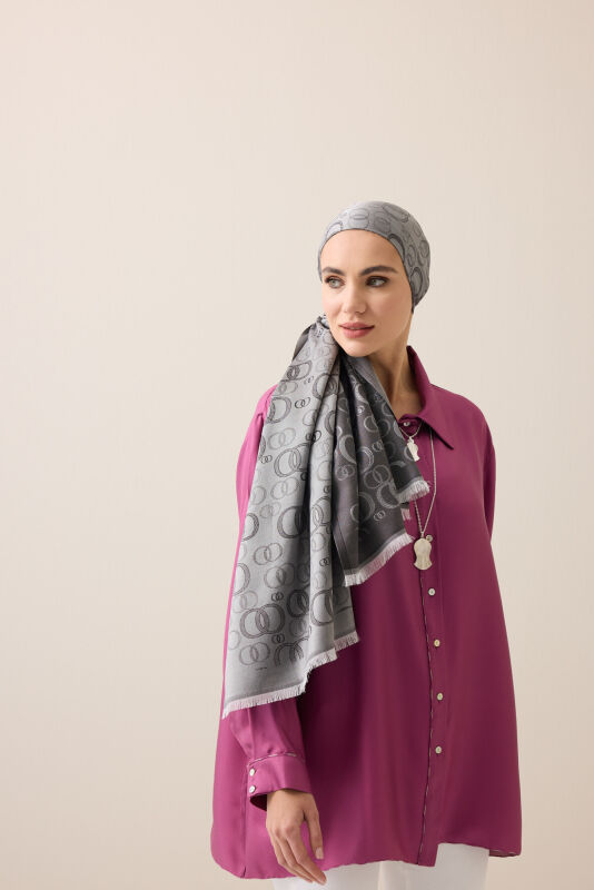 Noor Dark Grey Jacquard Silk Scarf - 2