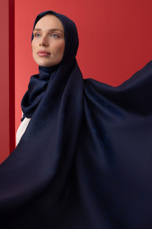 Noor Hexagon Silk Jacquard Shawl Navy - 3