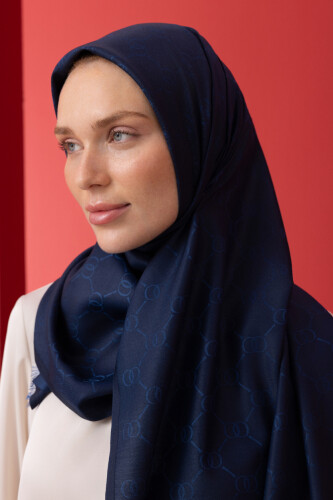 Noor Hexagon Silk Jacquard Shawl Navy 