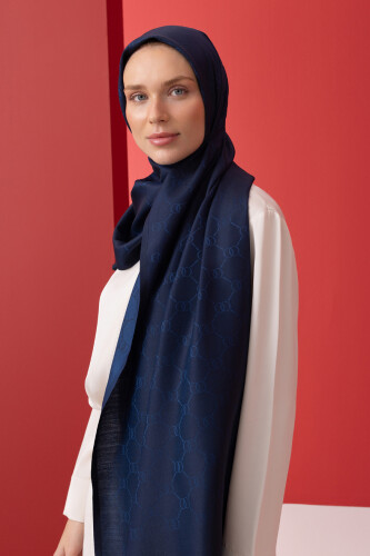 Noor Hexagon Silk Jacquard Shawl Navy - 5