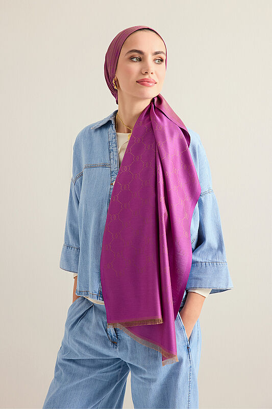 Noor Hexagon Silk Jacquard Shawl Purple - 1