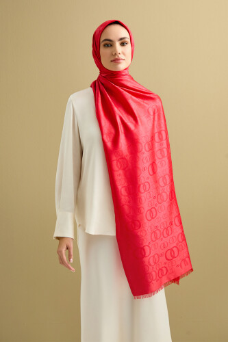 Noor Silk Jacquard Shawl Red - 5