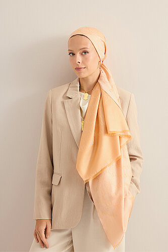 Noor Honeycomb Melon-Colored Jacquard Silk Scarf - Imannoor