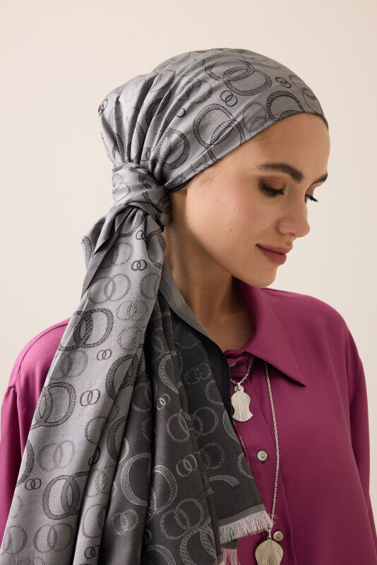 Noor Koyu Gri Jakarlı İpek Şal 70x200 - 1