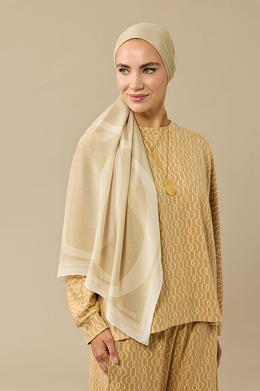 Noor Logo Bej Krep İpek Şal 70x210 - 6