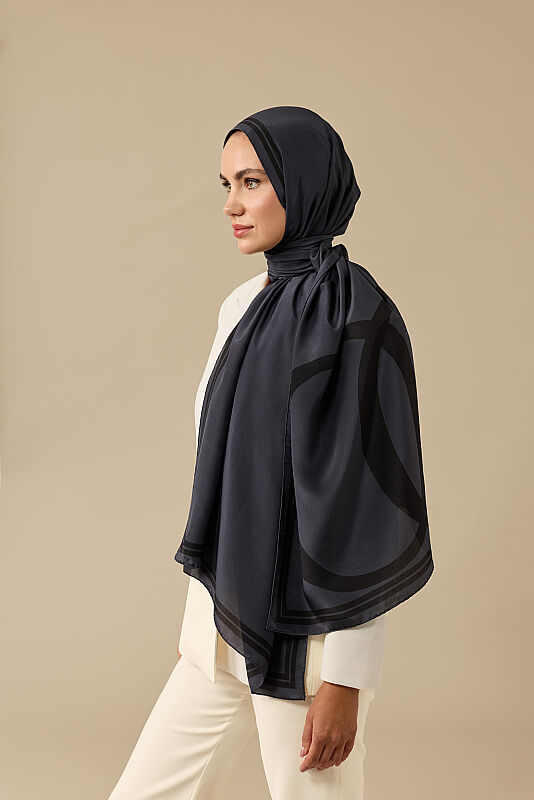 Noor Logo Dark Gray Crepe Silk Shawl - 3