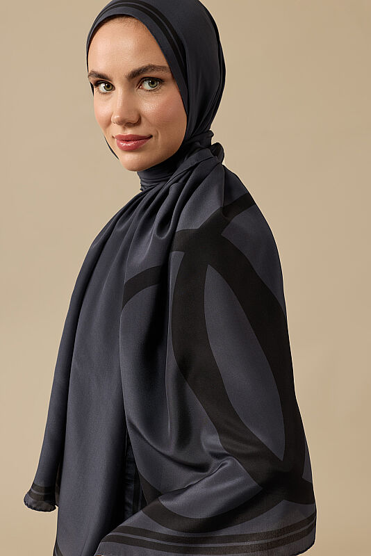 Noor Logo Dark Gray Crepe Silk Shawl - 1