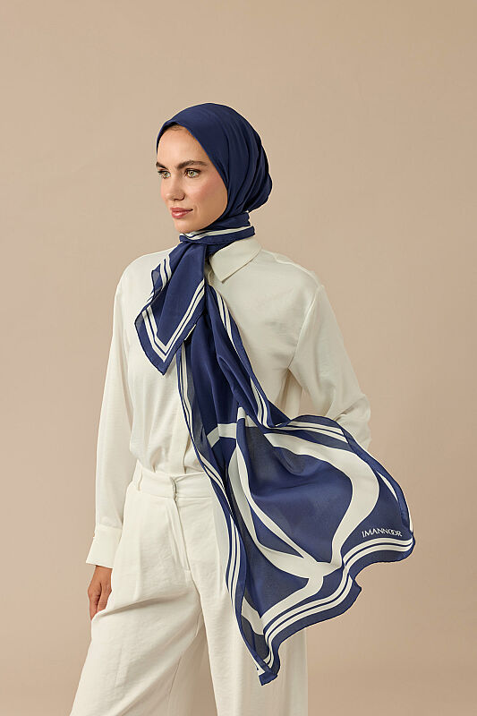 Noor Logo Lacivert Krep İpek Şal 70x210 - 1