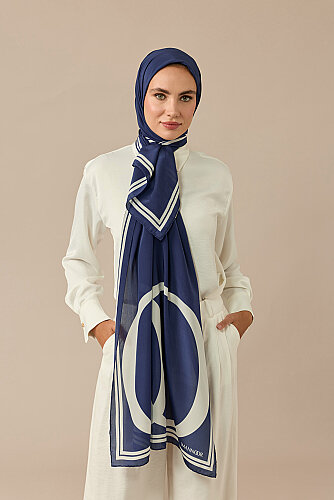 Noor Logo Navy Blue Crepe Silk Shawl - 5