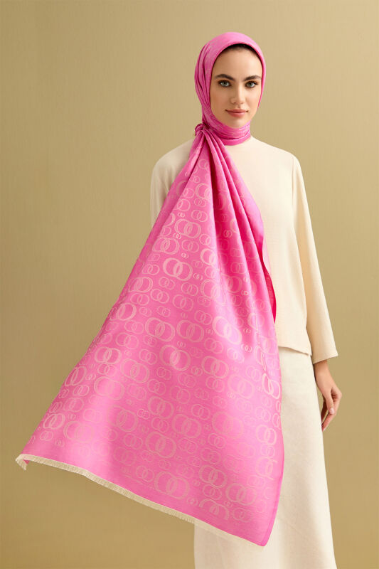 Noor Pembe Jakarlı İpek Şal 70x200 - 3