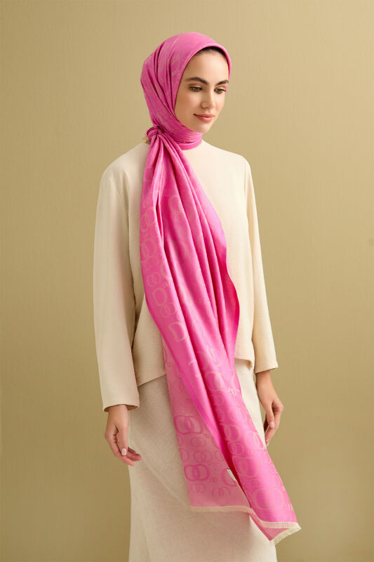 Noor Pembe Jakarlı İpek Şal 70x200 - 5