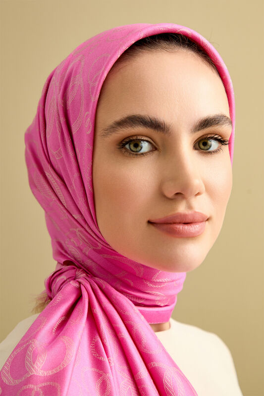 Noor Pembe Jakarlı İpek Şal 70x200 - 4