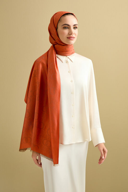 Noor Petek Brick Color Jacquard Silk Shawl - 3