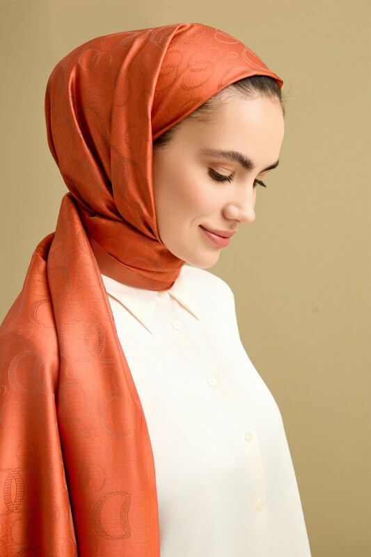 Noor Petek Brick Color Jacquard Silk Shawl - 1