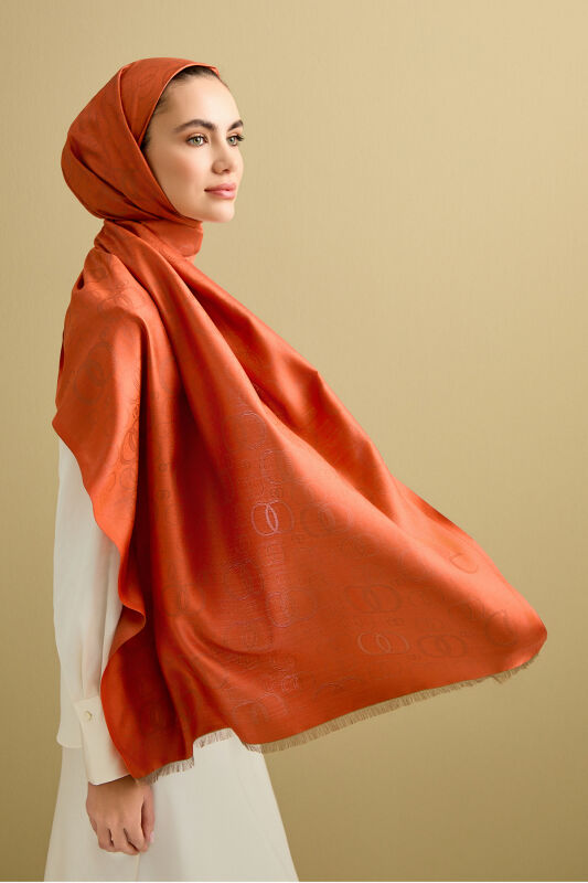 Noor Petek Brick Color Jacquard Silk Shawl - 5