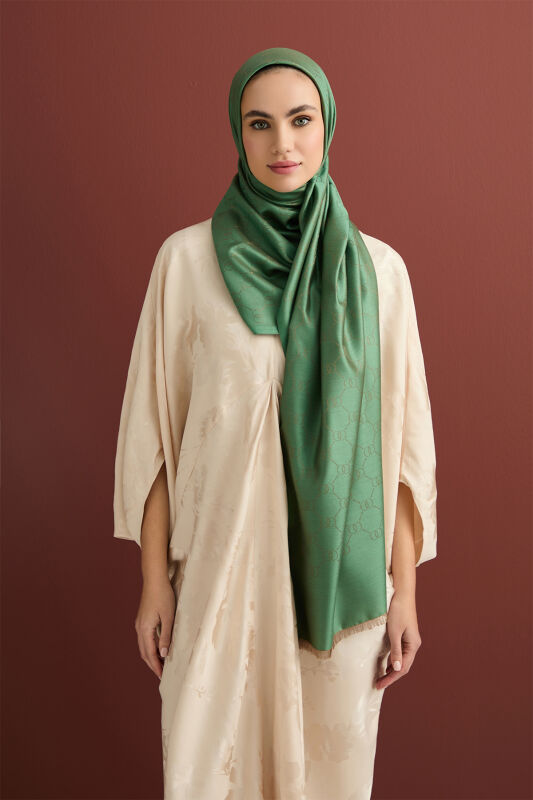 Noor Petek Dark Green Jacquard Silk Shawl - 5