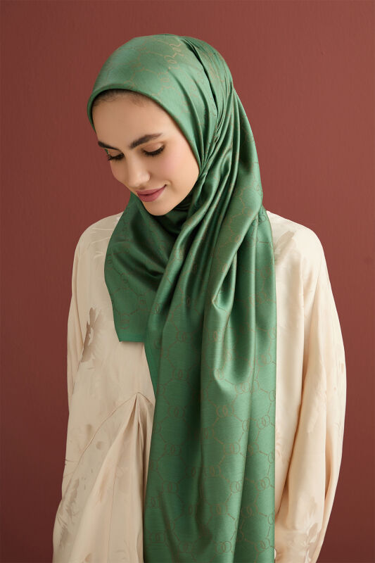 Noor Petek Dark Green Jacquard Silk Shawl - 2