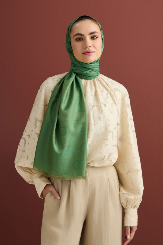 Noor Silk Jacquard Shawl Green - 1