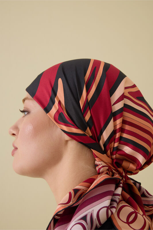 Noor with Waves Burgundy-Red Double-Sided Silk Scarf - 6
