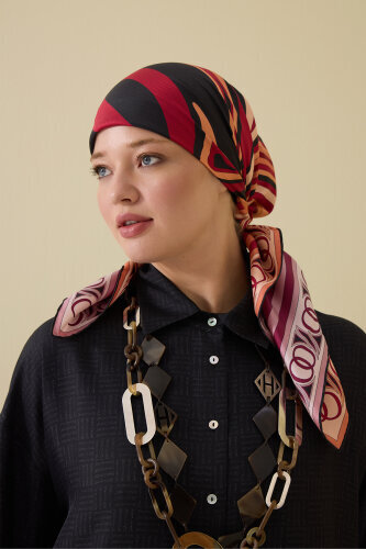 Noor with Waves Burgundy-Red Double-Sided Silk Scarf - 3