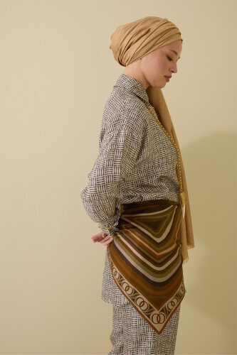 Noor with Waves Khaki-Oil Green Double-Sided Silk Scarf - 8