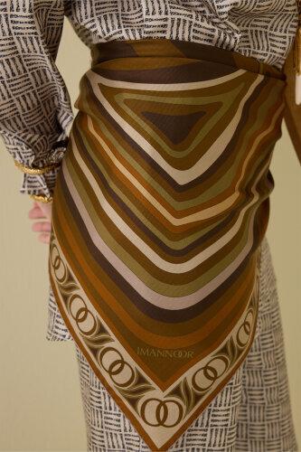 Noor with Waves Khaki-Oil Green Double-Sided Silk Scarf - 7