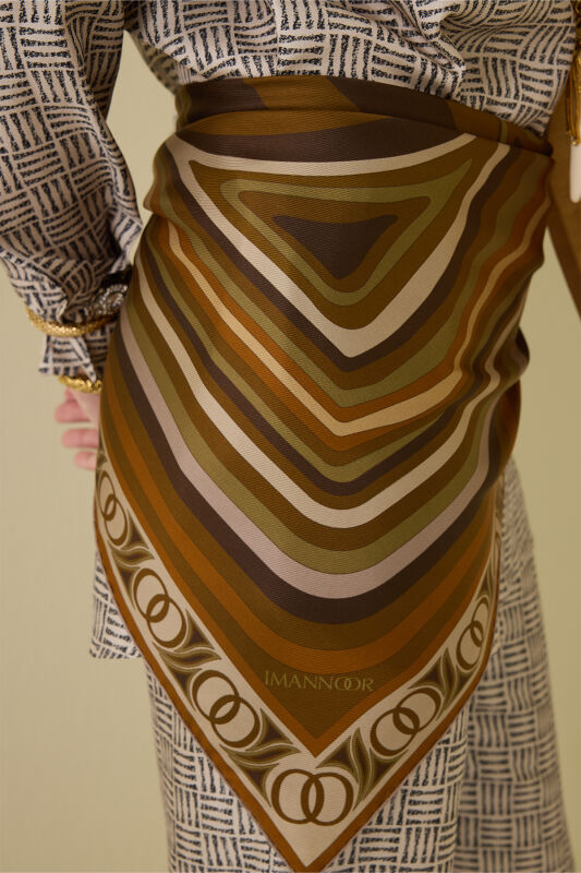 Noor with Waves Khaki-Oil Green Double-Sided Silk Scarf - 7