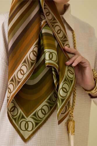 Noor with Waves Khaki-Oil Green Double-Sided Silk Scarf 