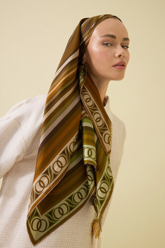 Noor with Waves Khaki-Oil Green Double-Sided Silk Scarf - 3